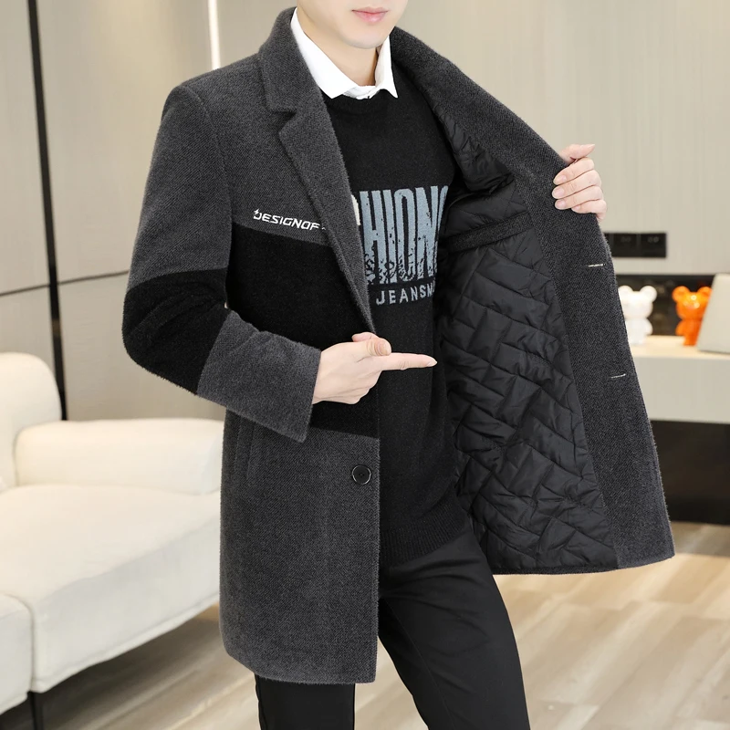 

High-End Winter Thiened Medium-Length Woolen Coat Men's Mink Velvet Suit Windbreaker Casual Busin Faion Urban Sle