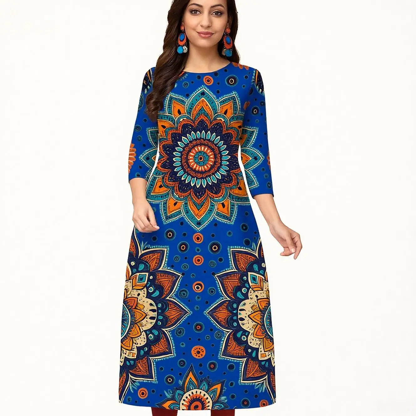 Women's casual, fashionable and comfortable Kurt dress long sleeved straight tube casual ethnic round neck regular size new item