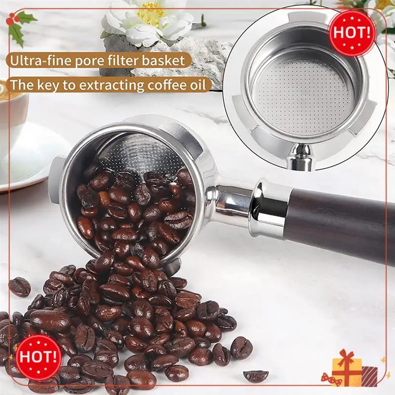 ABLE-51Mm Portafilter 3 หู,สแตนเลส,51Mm Bottomless Portafilter พร้อมที่จับไม้และตะกร้ากรอง