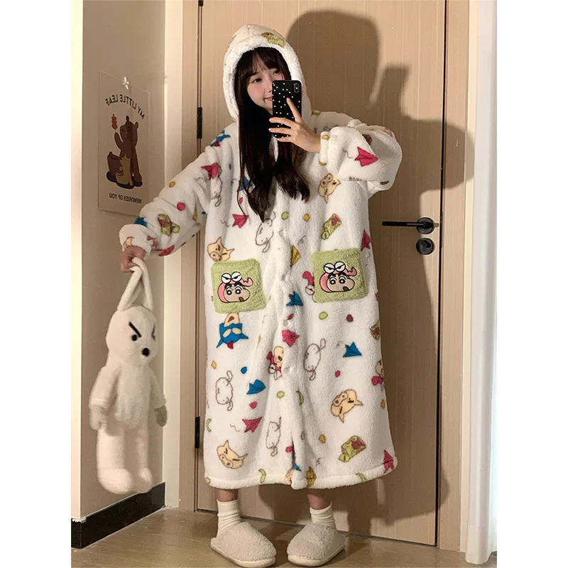 

New Crayon Shin Chan Anime Figures Nightwear Women's Winter New Collection Coral Velvet Robe Home Clothes Sleeping Skirt Gifts