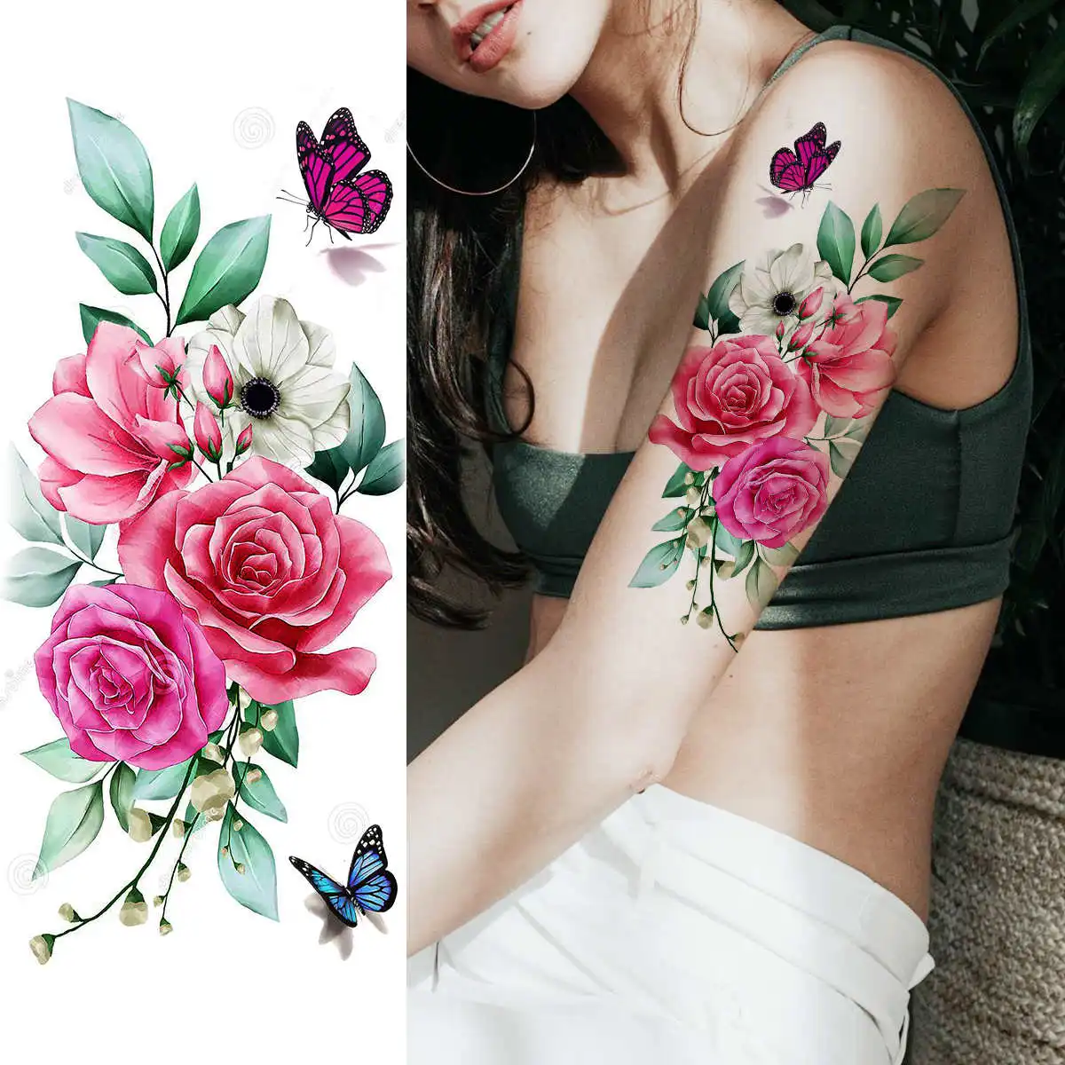 Tatuajes temporales de flores de peonía para mujeres adultas, tatuaje falso de mariposa 3D, pegatina de tatuajes florales de acuarela realista, 10