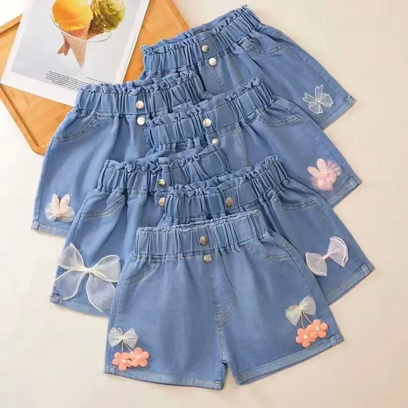 

Kids Girls Summer Denim Shorts Princess Cute Button Jeans 2024 New Arrival Children Casual High Waist Short Pants Cotton Clothes