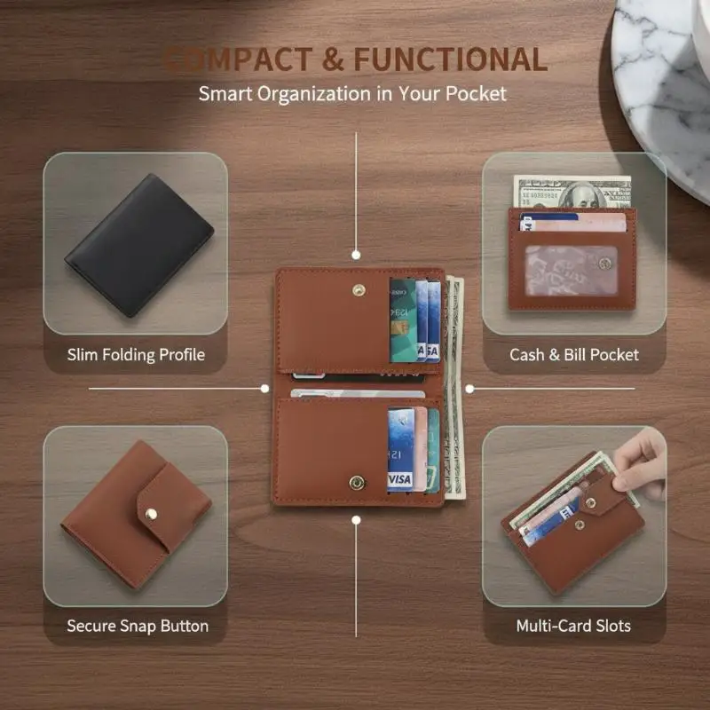 Lightweight Women's Small Short Wallet Solid Color PU Leather Button Closure Slim Purse for Travel Commute Daily Use