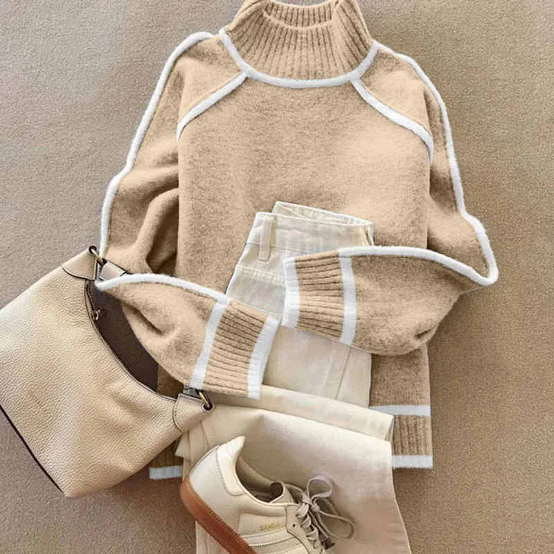 

Осень-зима, водолазка в рубчик, женский свитер в стиле ретро, контрастный цвет, трикотаж, топ, пуловеры, повседневная теплая женская одежда с длинными рукавами