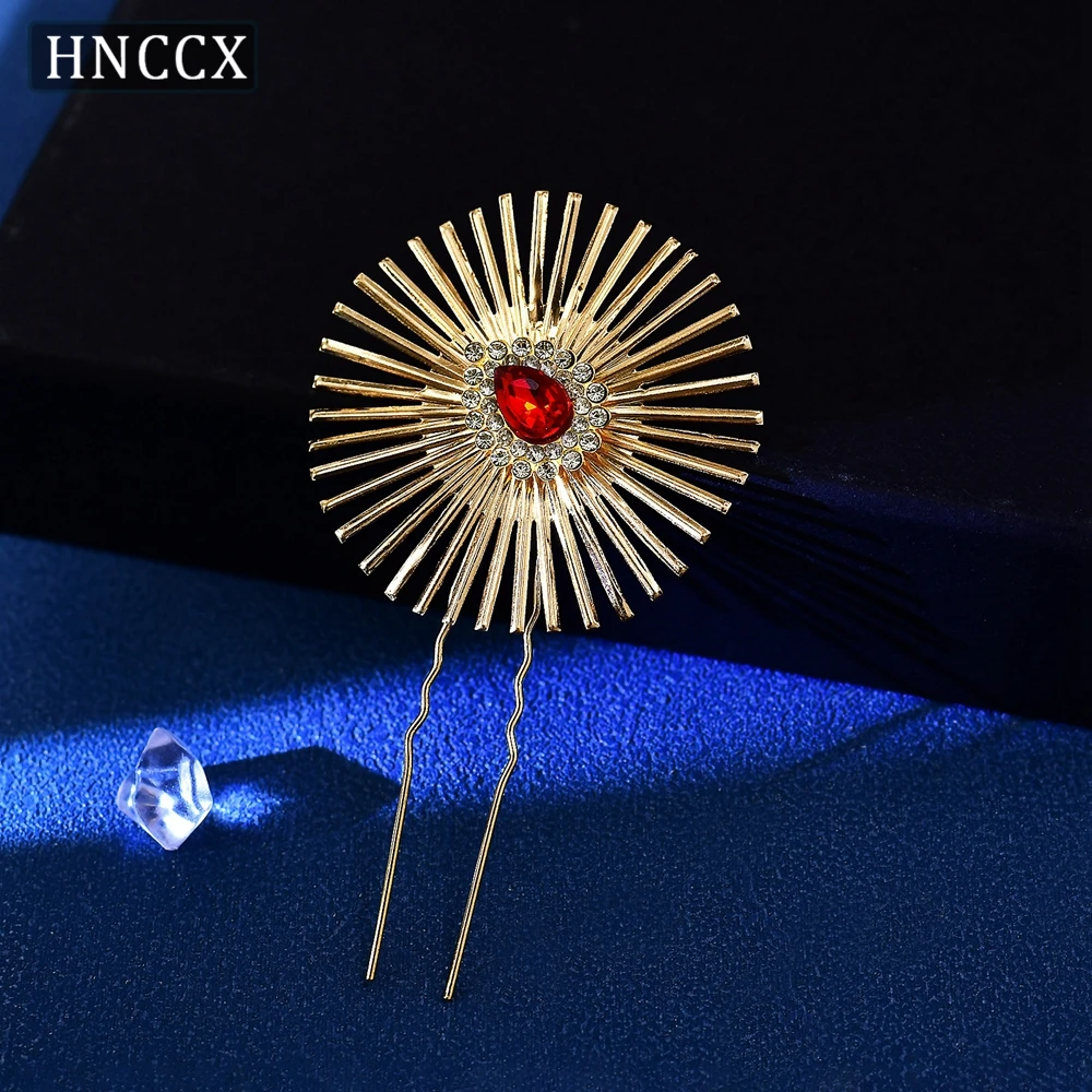 HNCCX Golden Color U-Shape Clips Hair Accessories Bride Red Color Rhinestone Hairpins Wedding HeadPieces Women Hair Pins CP768