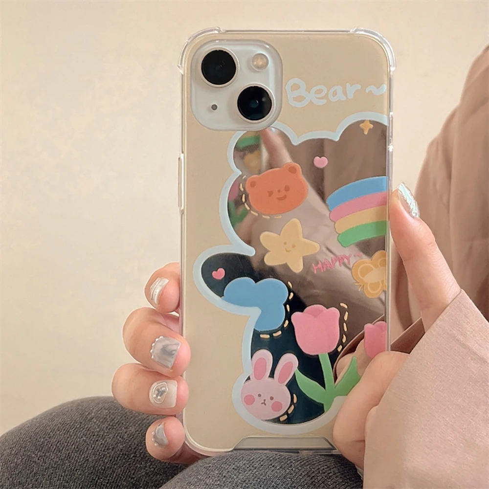 

Cute Cartoon Rabbit Bear Flower Mirror Soft Case For iPhone 14 13 12 11 15 Pro Max X XR XS Max 14Pro Cases Silicone Cover Fundas