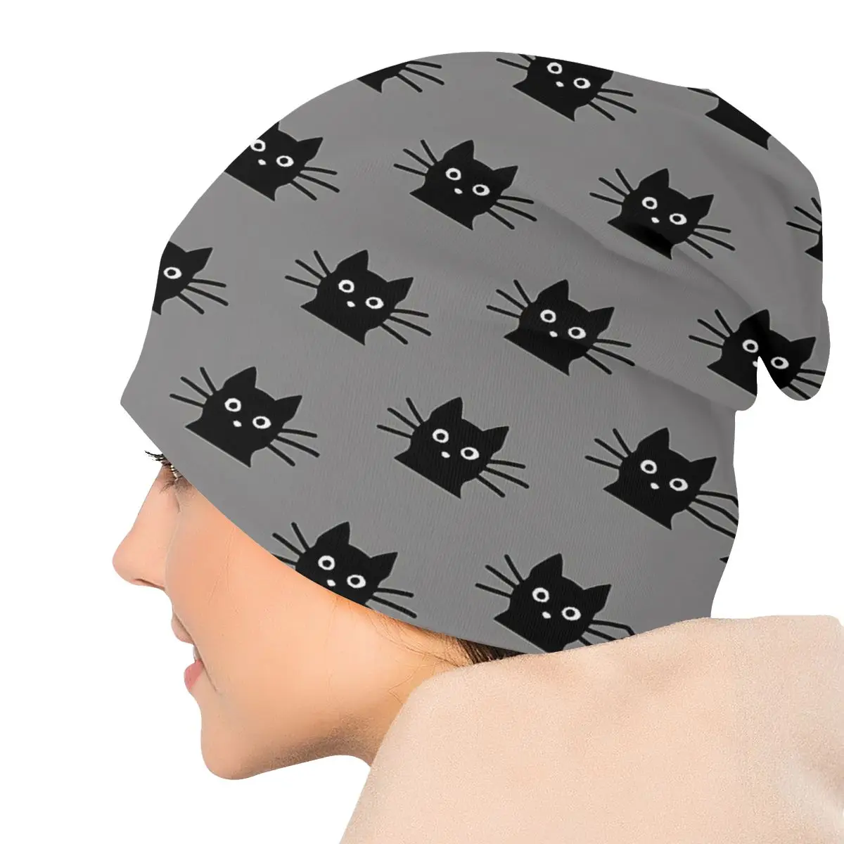 Black Cat Face Autumn Female Warm Beanies Double Used Outdoor Bonnet Hats