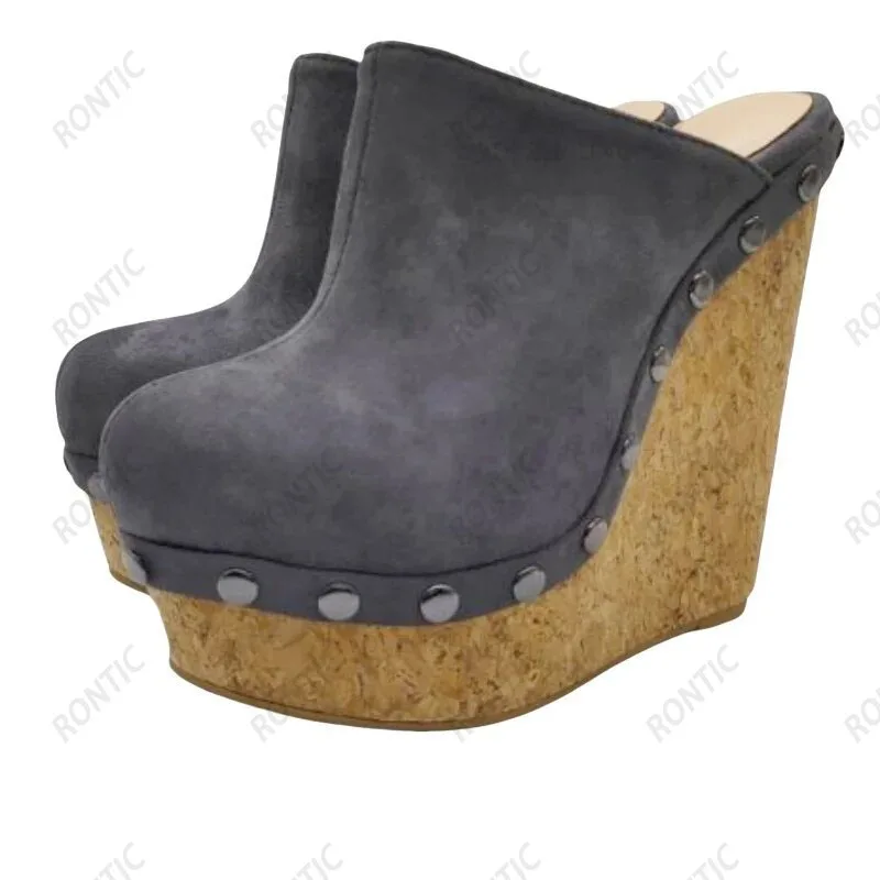 Rontic New Women Platform Mules Pumps Sexy Studded Wedges Heels Round Toe Cool Grey Casual Shoes Ladies US Plus Size 5-20