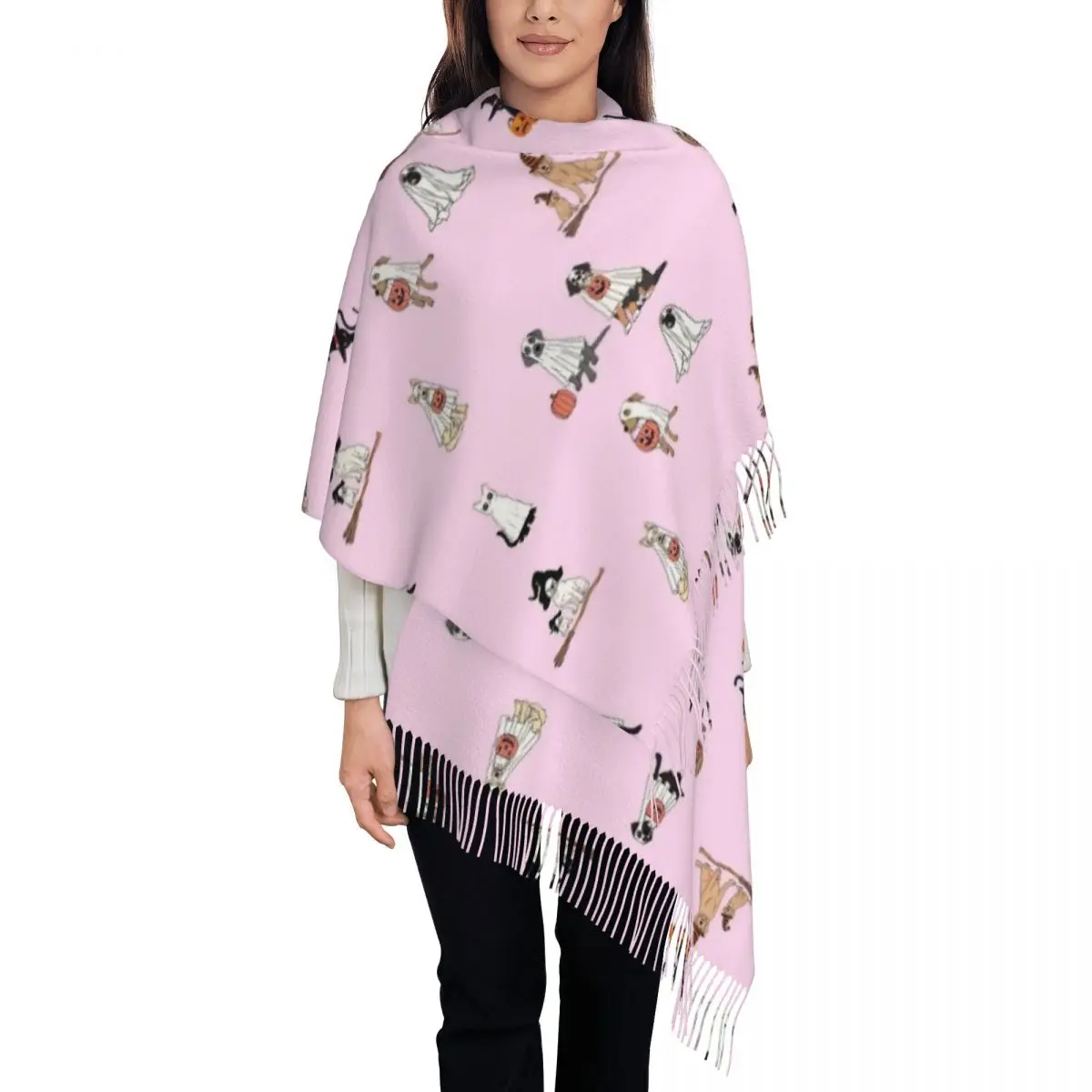 Womens Tassel Scarf Halloween Dog Cat Single-sided Pattern Soft Warm Shawl and Wrap Pumpkin Gifts Cashmere Scarf