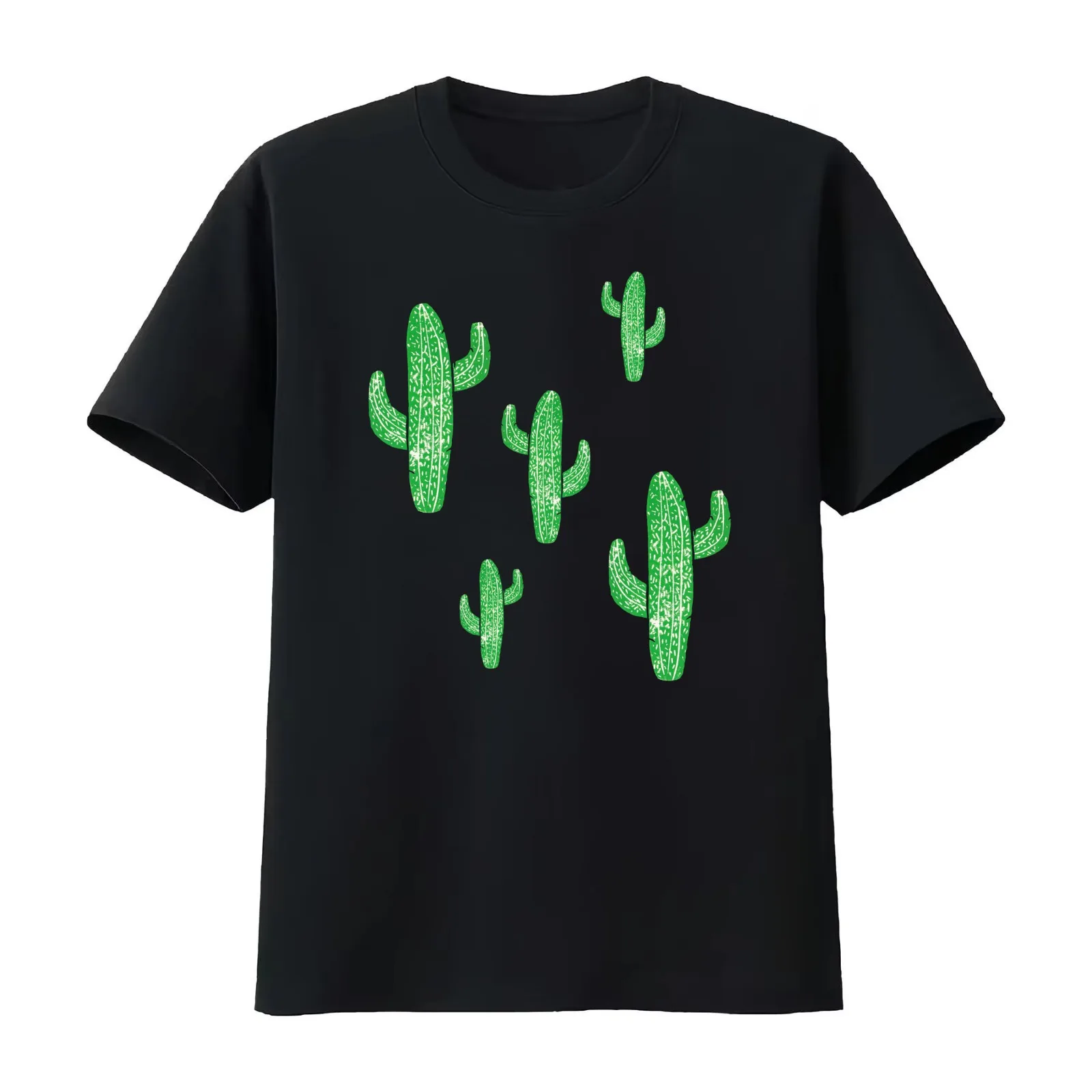 Linocut Cacti #2 Green T-Shirt Summer Casual Cotton Tee Oversized Streetwear Tops Vintage Graphic Print Unisex Men Women