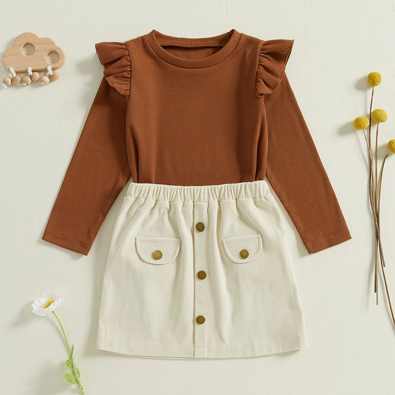 

2-Piece Girls Skirt Set 3D Bow Long Sleeve Ruffled Ribbed Tops Single-breasted Corduroy Short Skirt Outfits