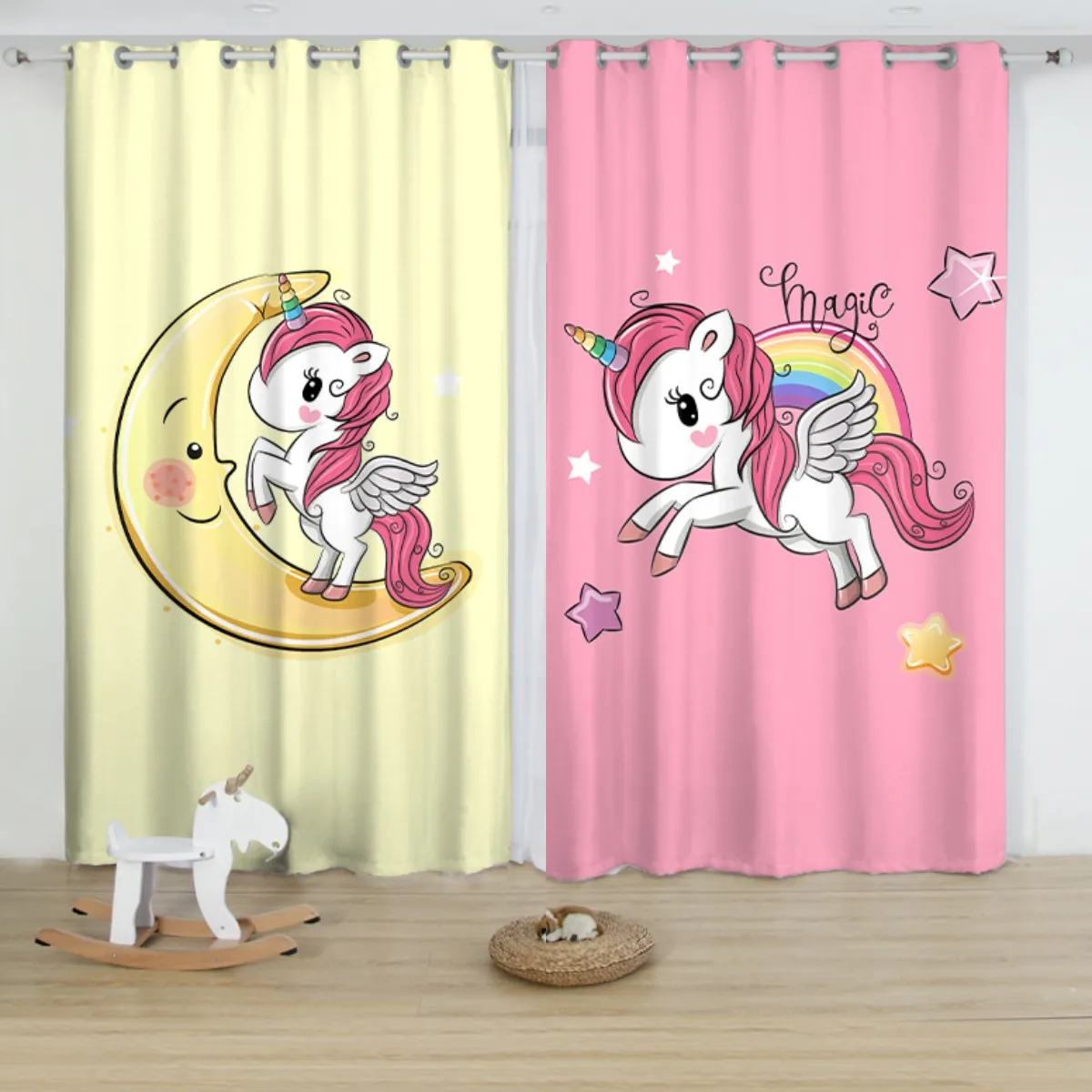 

2024 New Pegasus Unicorn Children's Room Semi-blackout Curtain Track Girl Princess Bedroom Living Room Floor-to-ceiling Curtain