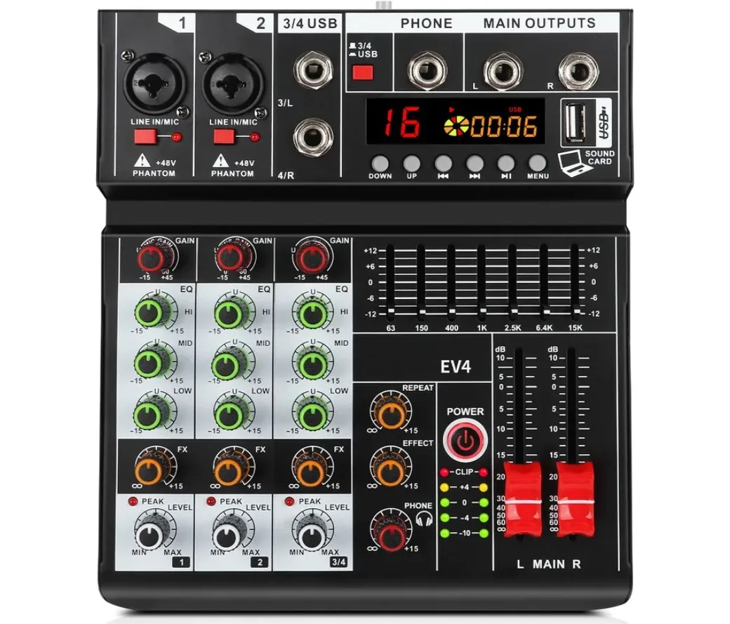 Professional 4-way Mixer with Reverb Bluetooth Playback Multichannel Control Effects Mixer