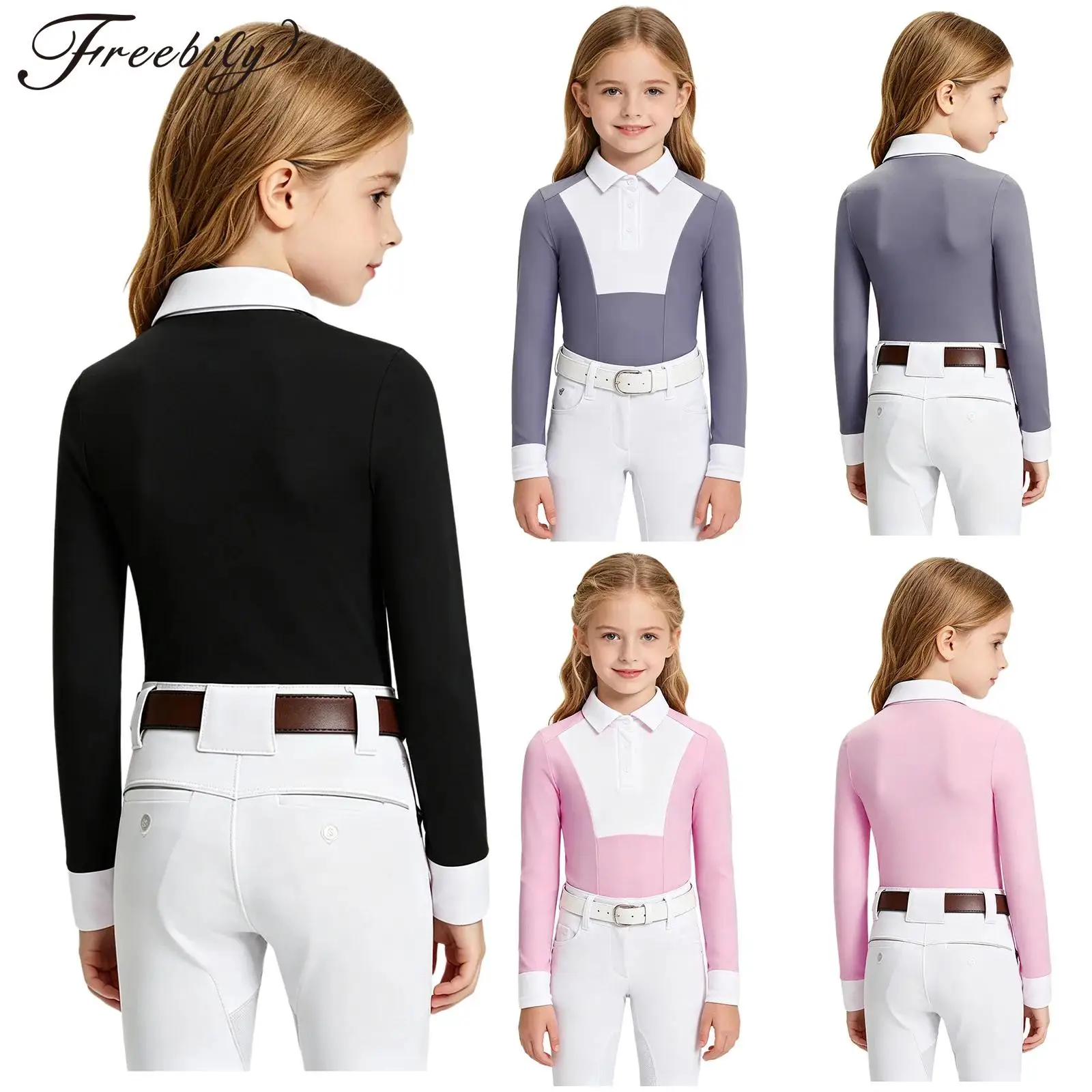 Kids Girls Horse Riding Shirts Top Long Sleeve Turn Down Collar Buttons Jacket Equestrian Costumes Contrast Color Sports Tees