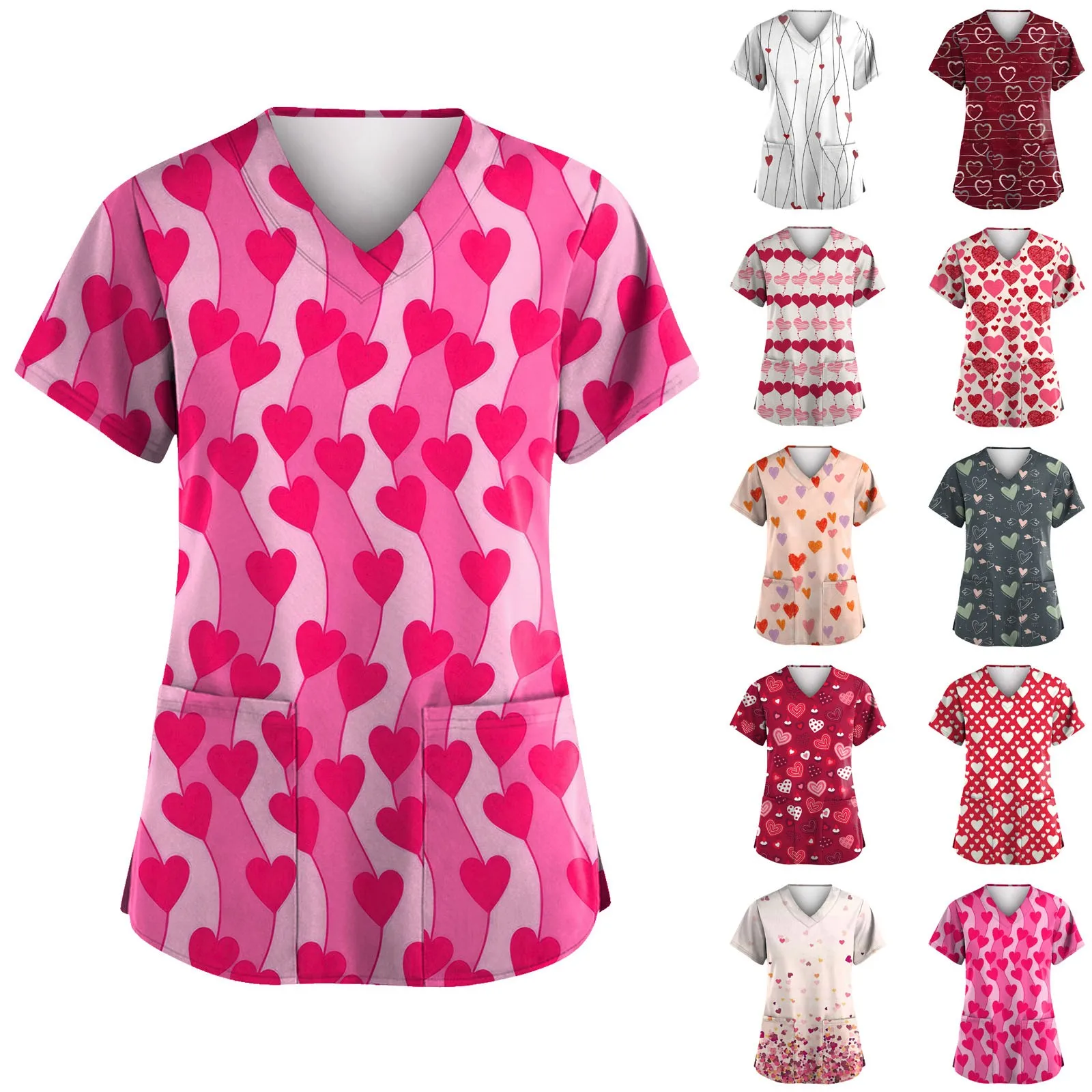 Uniforme de soins infirmiers pour femmes, vêtements de travail imprimés, haut de gommage avec deux poches, col en v, t-shirts médicaux à manches courtes, chemisier