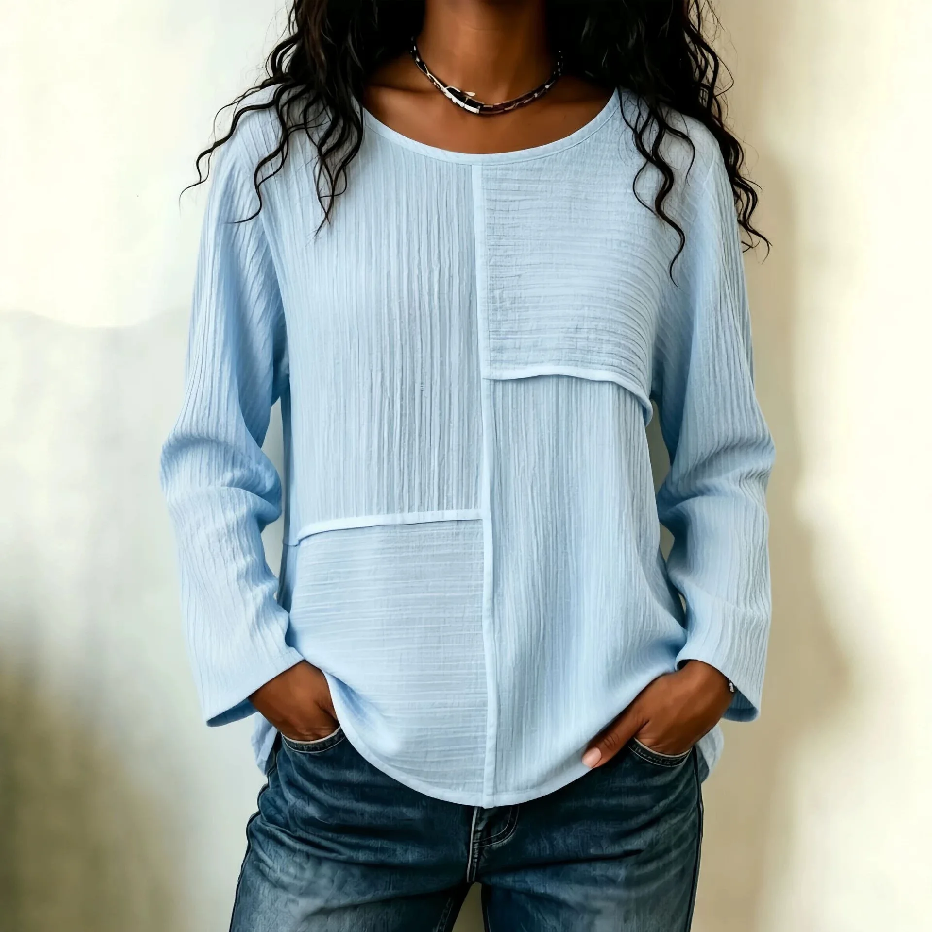 Women's 2026 Autumn/winter New Collection: Circular Neck Patchwork Fashionable Random Loose Long-sleeve Top Dresses For Women
