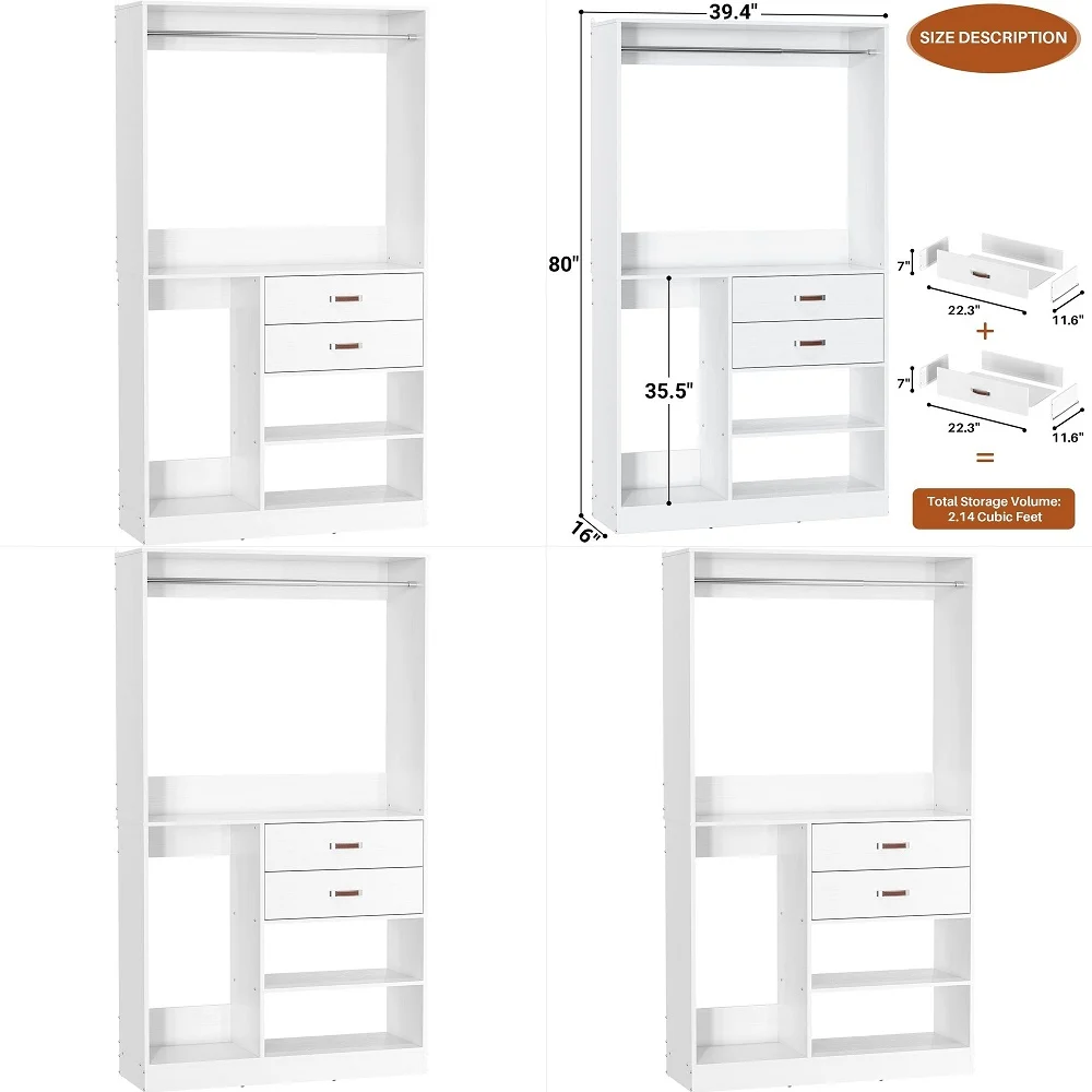 

Freestanding Closet System with Suitcase Storage, 40 Inches StandAlone Wardrobe with 2 Wood Drawers, 80 Height Adjustable Cloth
