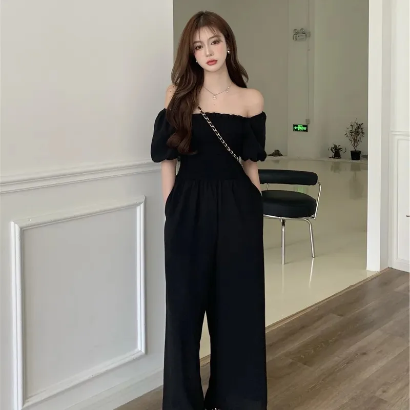 Elegant Strapless Summer Jumpsuit Women Fashion Black Short Sleeve Rompers With Pocket Office Lady Commute Off Shoulder Overalls