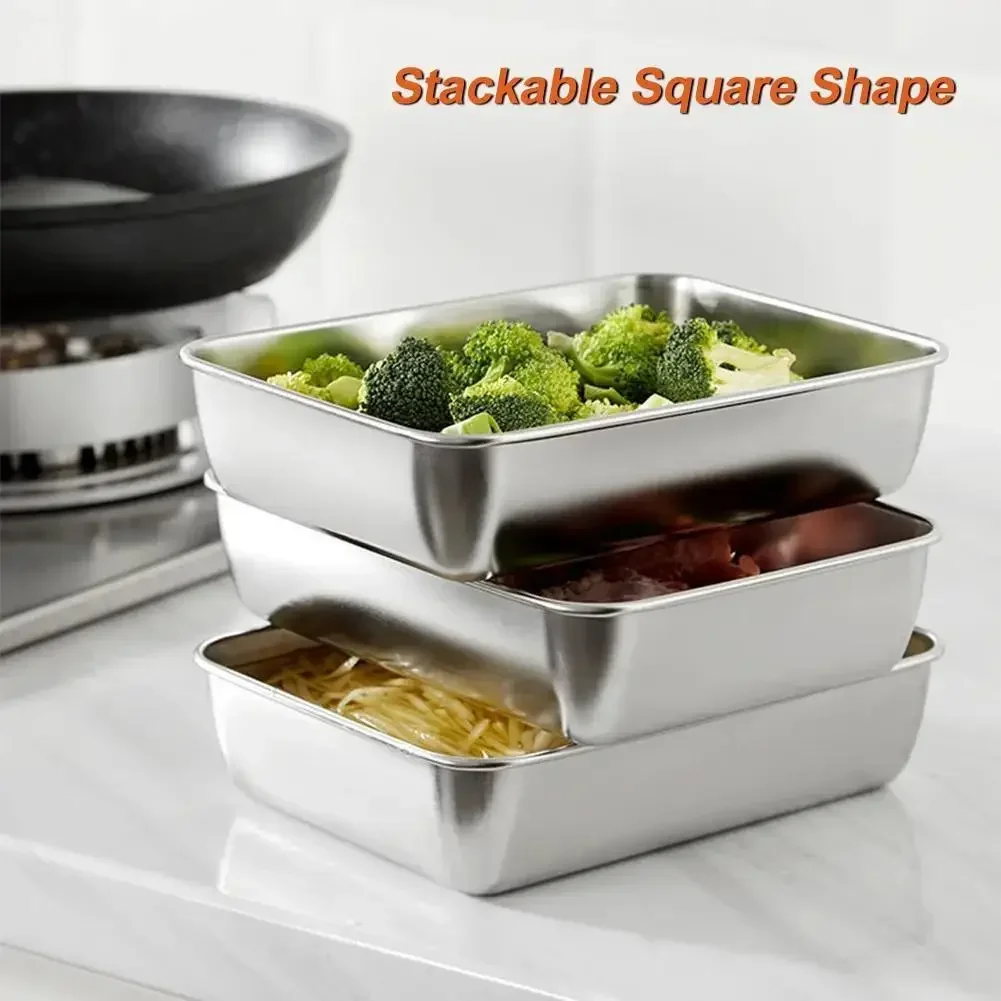 Stainless Steel Food Storage Serving Trays Rectangle Sausage Noodles Fruit Dish with Cover Home Kitchen Organizers FoodContainer