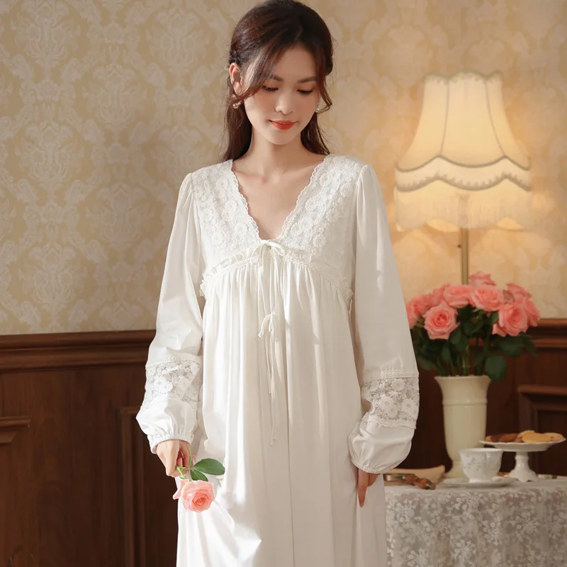 Vintage Spring Autumn Cotton Nightgown Women Lace V Neck Nightdress Solid Color Princess Sleepwear Fairy Long Sleeve Night Dress