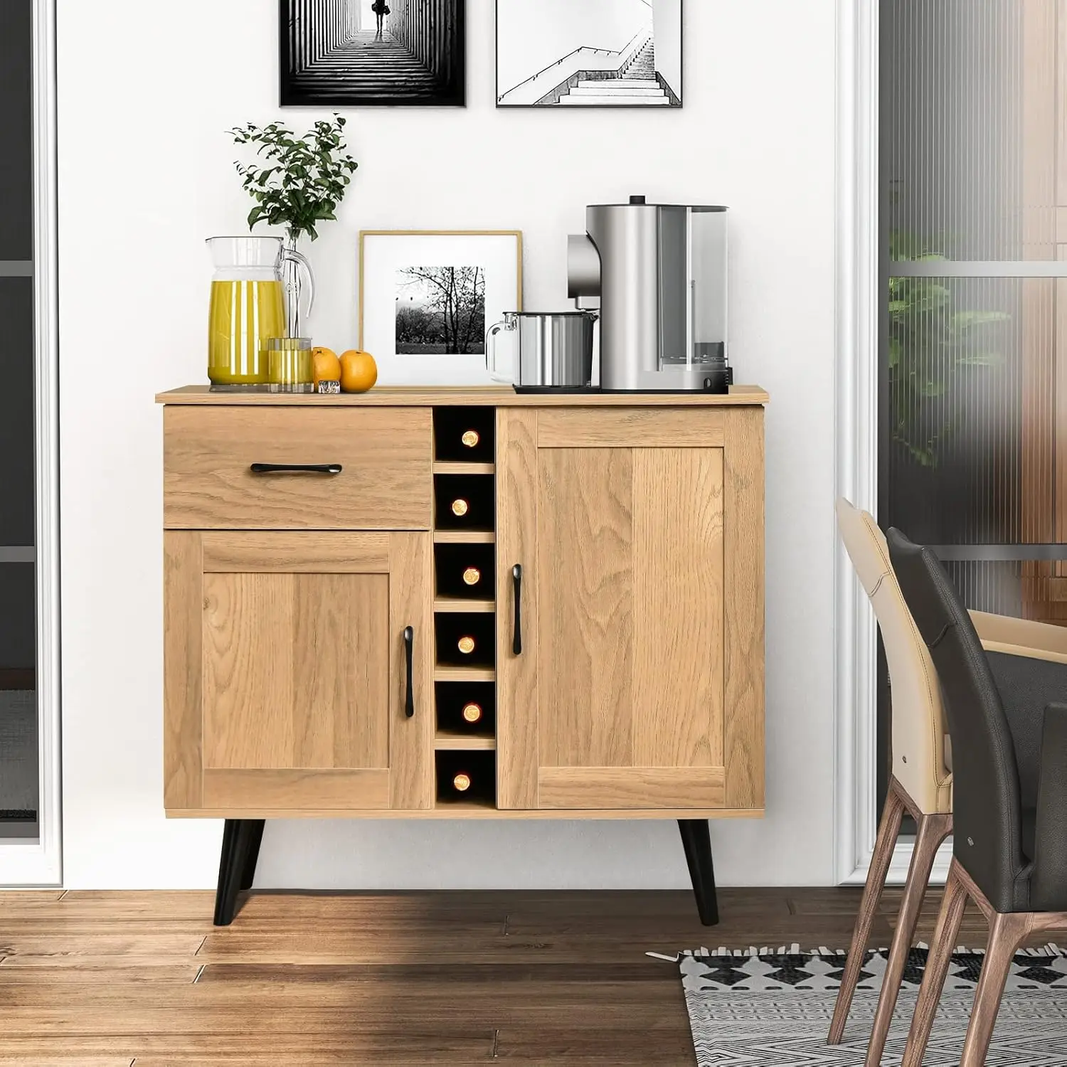 Afbeelding 3: Keukendressoir with wine rack for 6 bottles, barkast with 2 door and 1 drawer, storage cabinet with adjustable planks for living room, ee