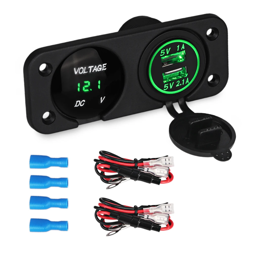 12V Marine USB Outlet Socket Panel 2 in 1 led Digital Voltmeter 4.2A Dual USB Ports Waterproof Charger for Car Motorcycle ATV