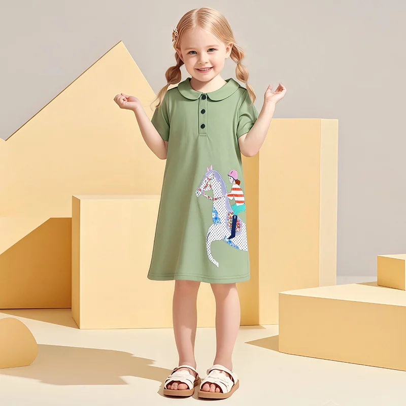 

Jumping Meters Cotton New Girls Dresses With Collar Horse Applique Hot Selling Summer Kids Clothing Short Sleeve Baby Frocks