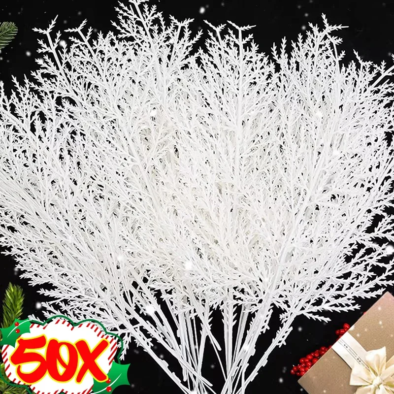 50/10PC Artificial Pine Branch Christmas Garland Decorative White Simulation Plant Leaves DIY Fake Flower Wreath Home Decoration