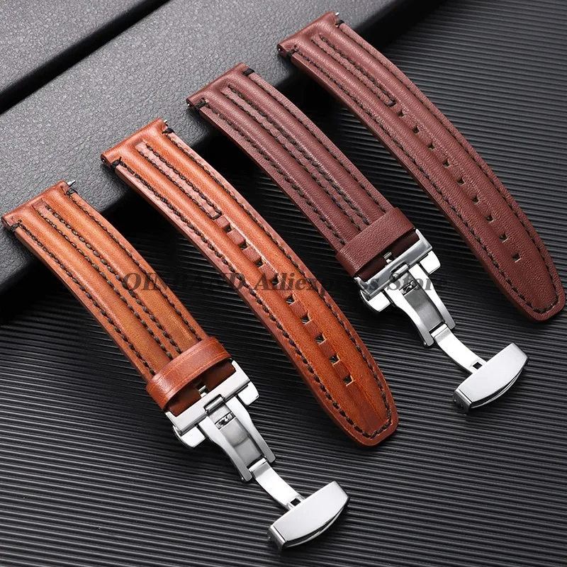 Image of Schmetterlingsverschluss Vintage Leder-Uhrenarmband Business Schnellverschluss Ölwachs-Rindsleder-Armbänder Universal Herren Damen Armbänder 20mm 22mm