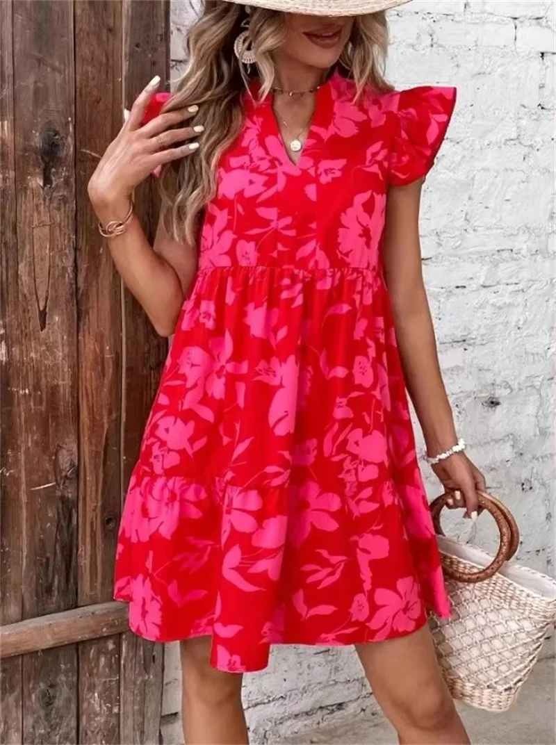 Sweet Flower Print Women's Dress 2025 Summer New Lotus Leaf Sleeves V-Neck Loose Casual Fashion Beach Party Dress Boho Sundress