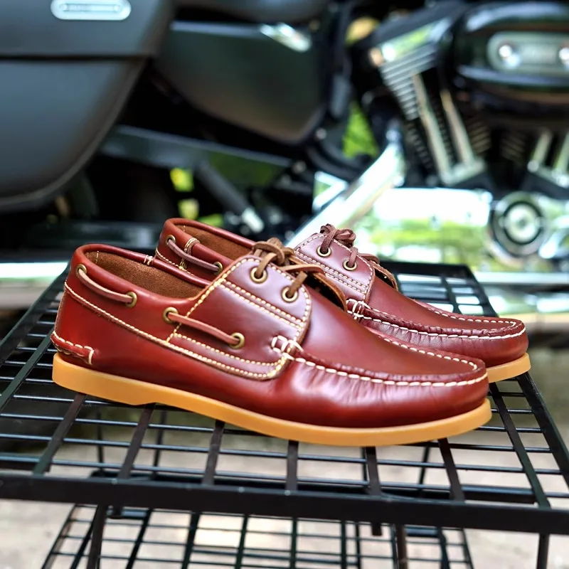 

Fashion Genuine Leather Men's Loafers Round Toe Boat Shoes Moccasins Lace-up Breathable Flat Derby Shoes
