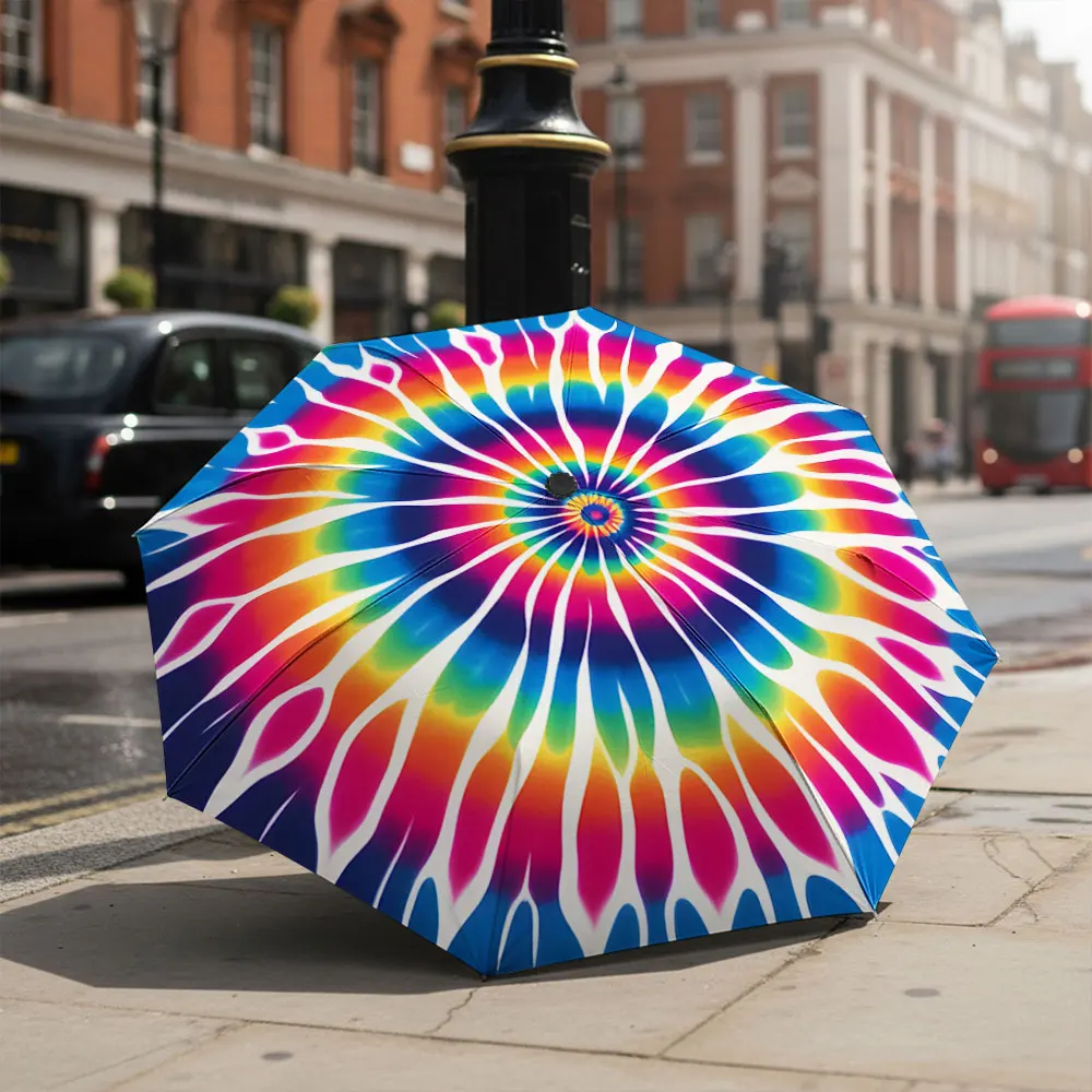 1P C Vibrant Tie-Dye Umbrella in a Bright Outdoor Setting Print 8 Iron Ribs Folding Umbrella Auto-Open Fashion Sunshade