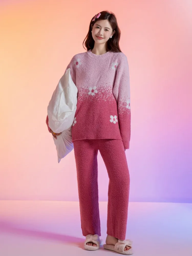 [TXii Advanced Sense]soft half-side velvet pajamas women's autumn and winter warm coral velvet sweet gradient home clothing