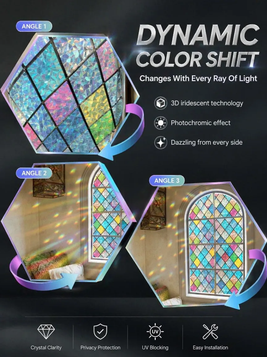 Vintage American Style Rainbow Frosted Privacy Window Film Static Cling Removable for Bathroom Kitchen Balcony Glass