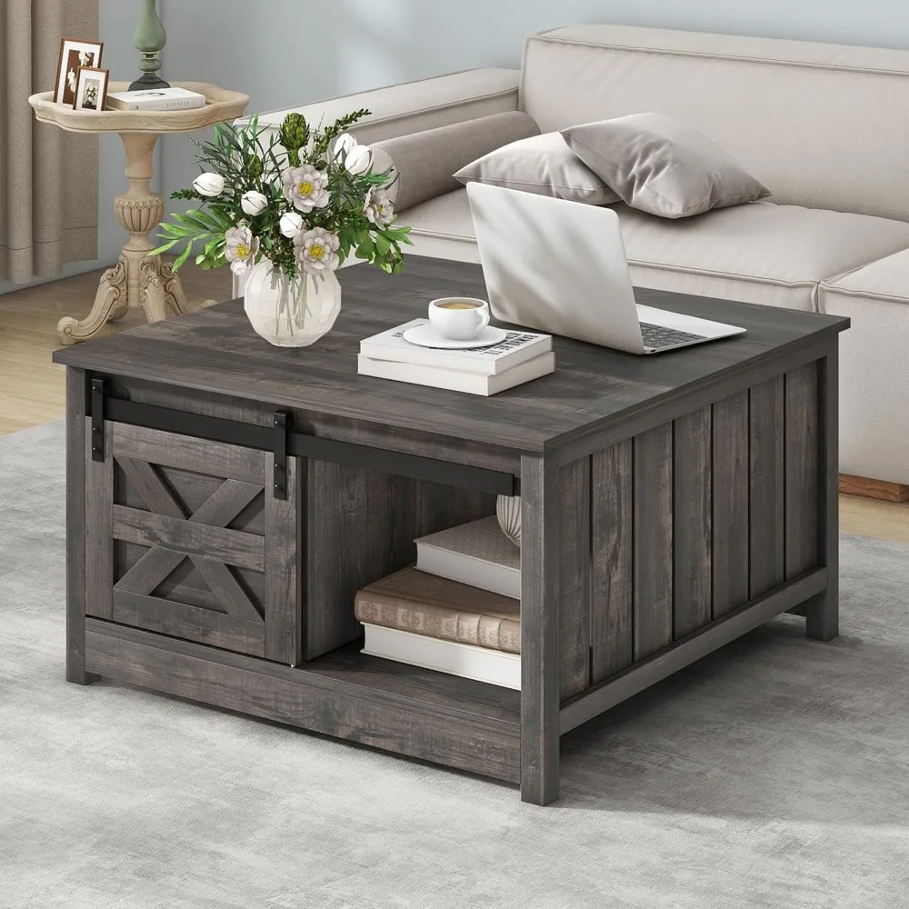 

Farmhouse Storage Coffee Table: Wooden Square Center Table with Sliding Barn Door, Small Coffee Table with Half Open Storage fo