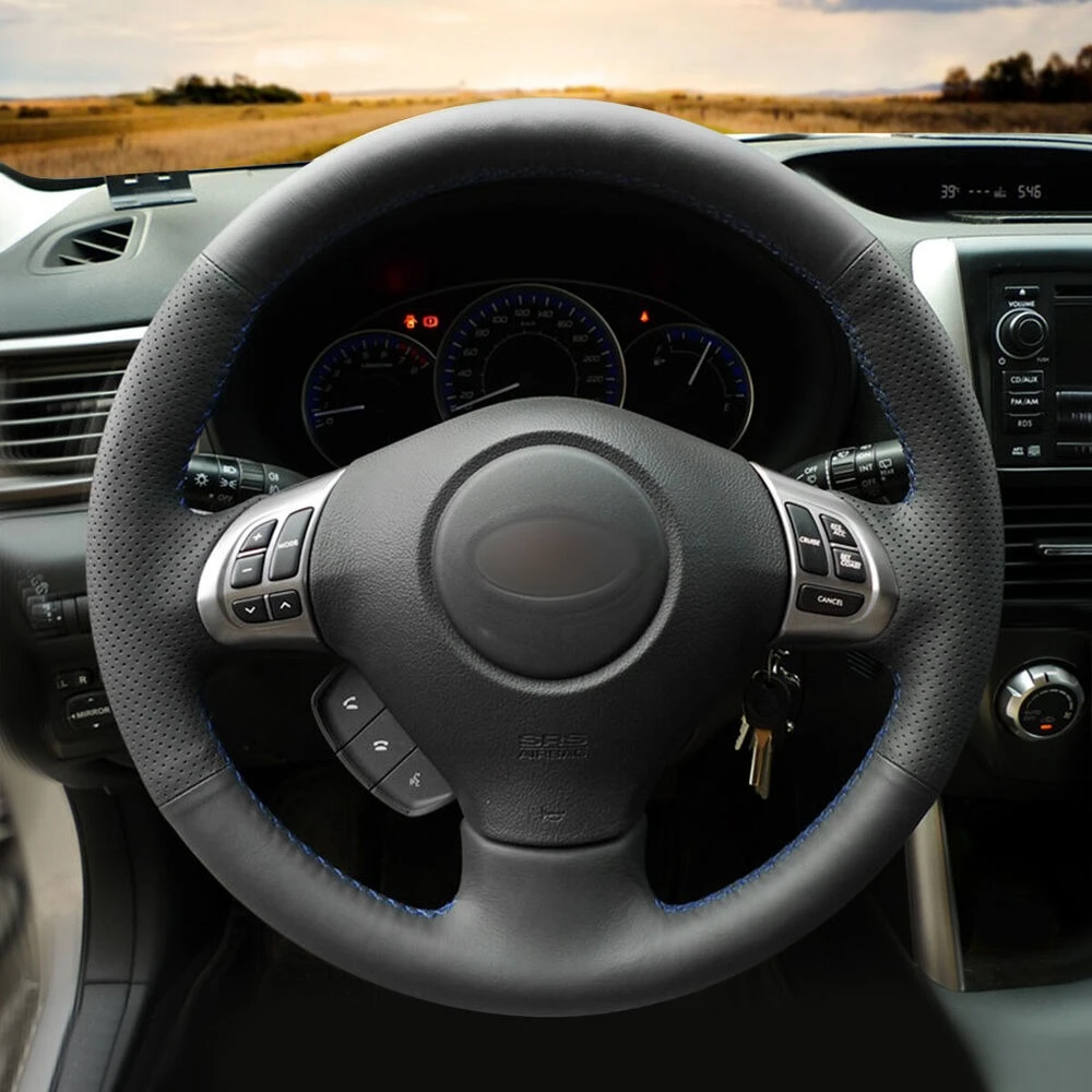 لتقوم بها بنفسك مخيط يدويا أسود بولي Leather الجلود غطاء عجلة القيادة التفاف لسوبارو فورستر ليجاسي امبريزا Exiga اكسسوارات السيارات الداخلية #3