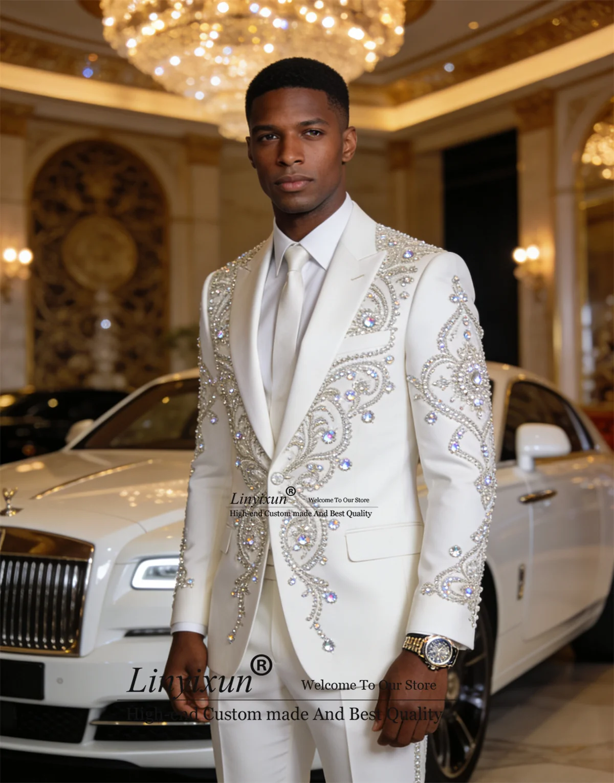 

Glitter Embroidered Diamond Men Suit Customized Slim Groom Party Male Prom Blazers 2 Piece Set Wedding Party Tuxedo ropa hombre