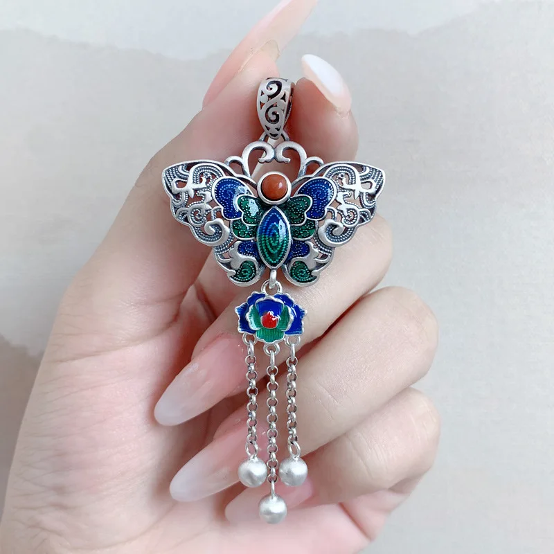 Silver 925 Exquisite Enamel blue-green Butterfly Pendant Tassel Retro Ethnic Style Auspicious Cloud Necklaces Wedding Jewelry