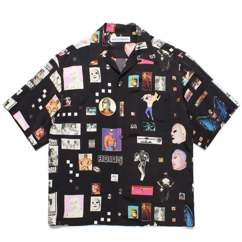 WACKO MARIA Creative Figures Masks Abstract Art Casual Fashion Brand Hawaii Short Sleeve Shirt Summer Mens Womens Shirts