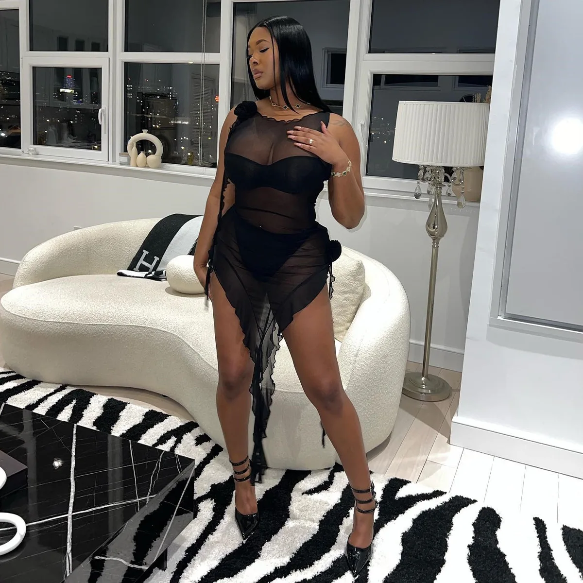 

Sexy Transparent Mesh Three Piece Set Beachwear Holiday Summer Women Clothing Crop Top Underwear Ruffles Dress Club Elegant Suit