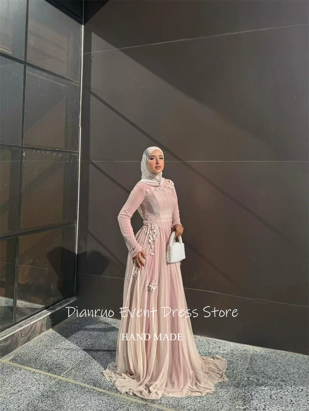 Dianruo 3D 꽃 쉬폰 이브닝 드레스 절묘한 핑크 댄스 파티 드레스 라인 Pleated 이슬람 아라비아 Vestidos De Fiesta Customized