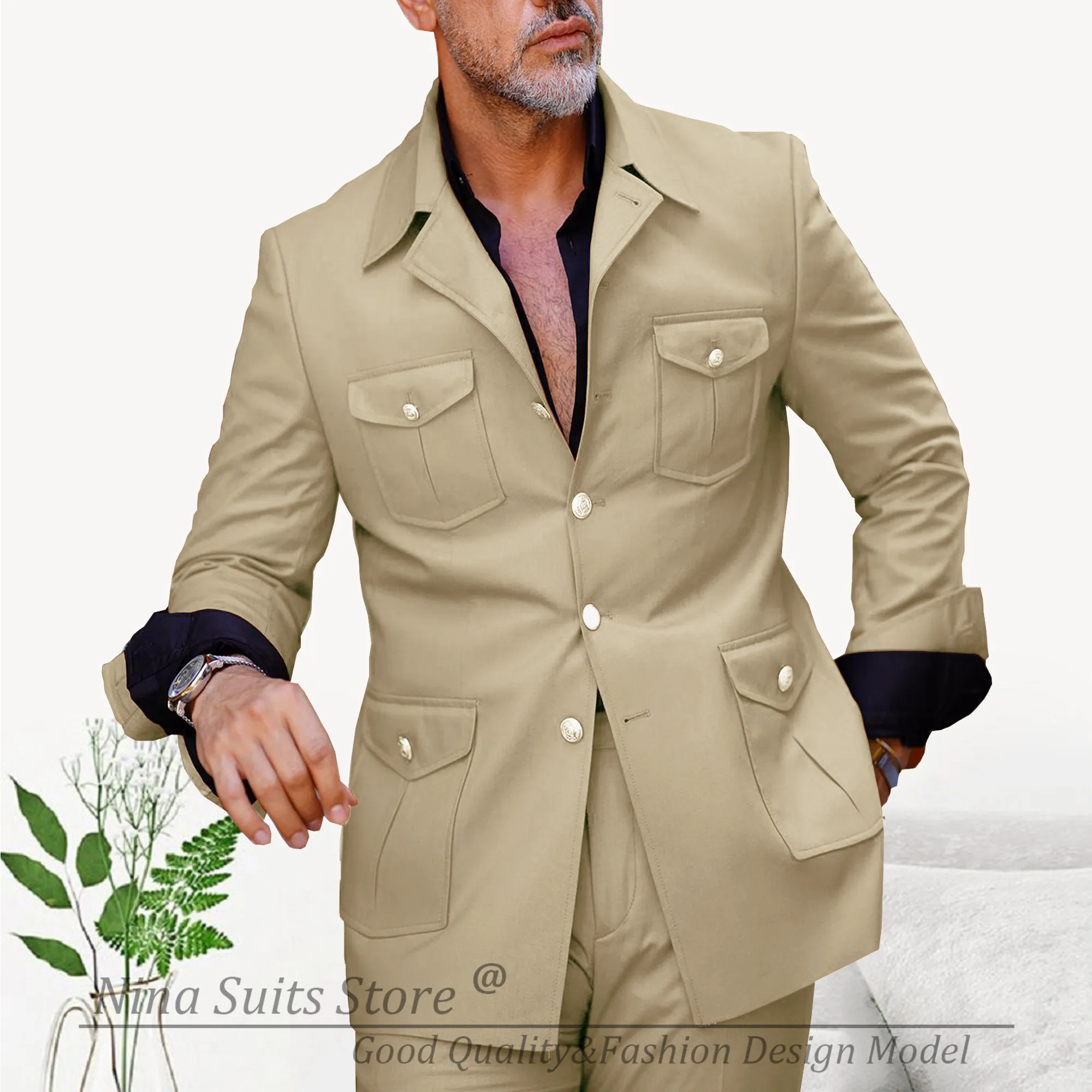 G&N Latest Khaki Suit Africa Men's Slim Fit Wedding Best Man Groom Tuxedo 5 Buttons Patch Pockets with Flaps Blazer Pants Set