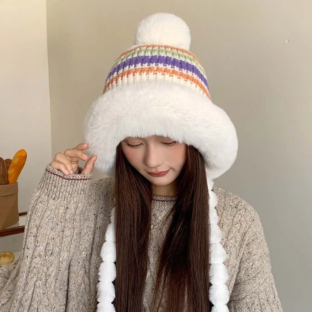 Fleece Lined Pompom Braids Hat Striped Knit Fur Brim Fur Trim Trapper Thermal Windproof Earflap Winter Cap Girls