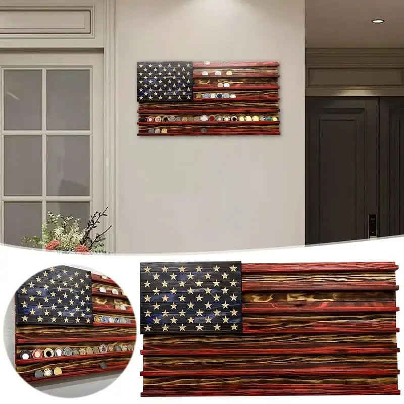 7 Rows Coin Display Wooden American Flag Coin Holder Stands Mini Coin Display for Displaying Coins Medals Home Craft Ornament