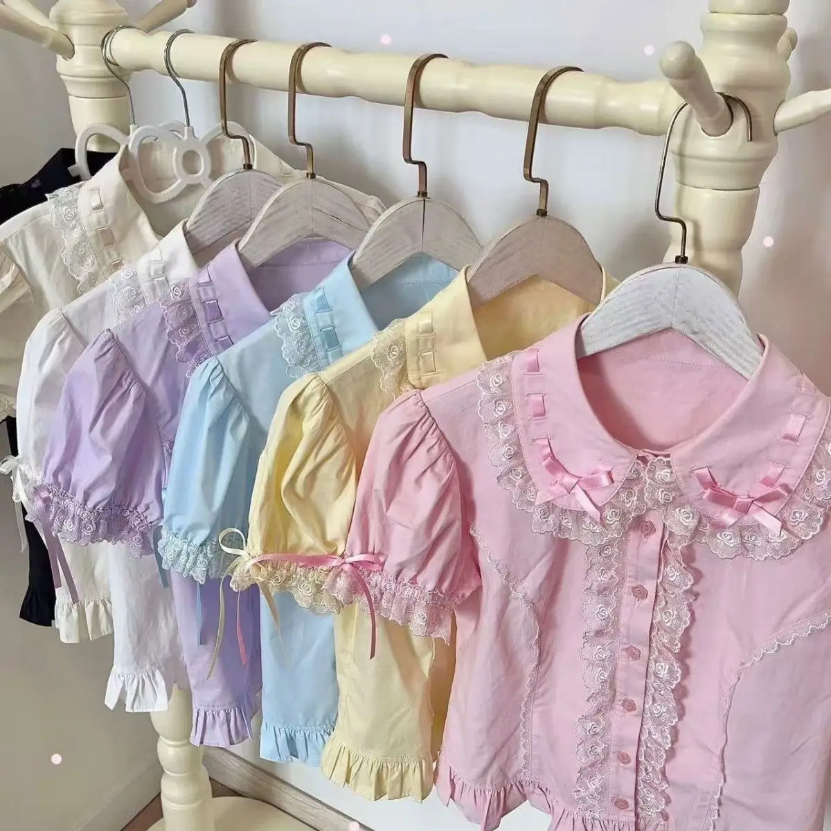 

Lolita Solid Sleeve Doll Collar Shirts Women Fashion Kawaii Japanese Ribbon Ji Sleeve Blouse Summer Autumn Inner and Outer Shirt