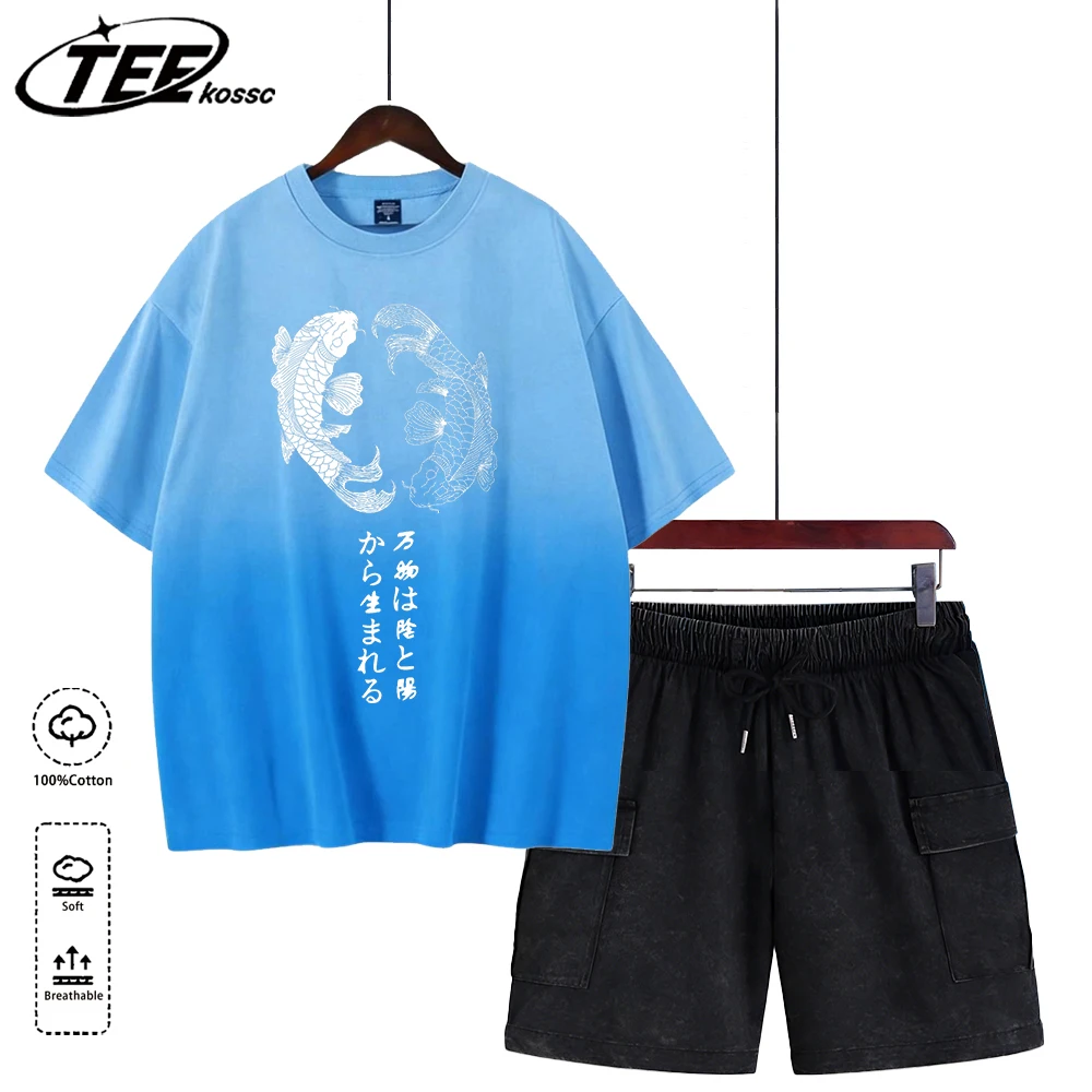 

Мужская футболка с принтом в стиле Harajuku Koi Art и шорты с эффектом тай-дай, модный хлопковый комплект унисекс с круглым вырезом, мягкий летний комплект с коротким рукавом