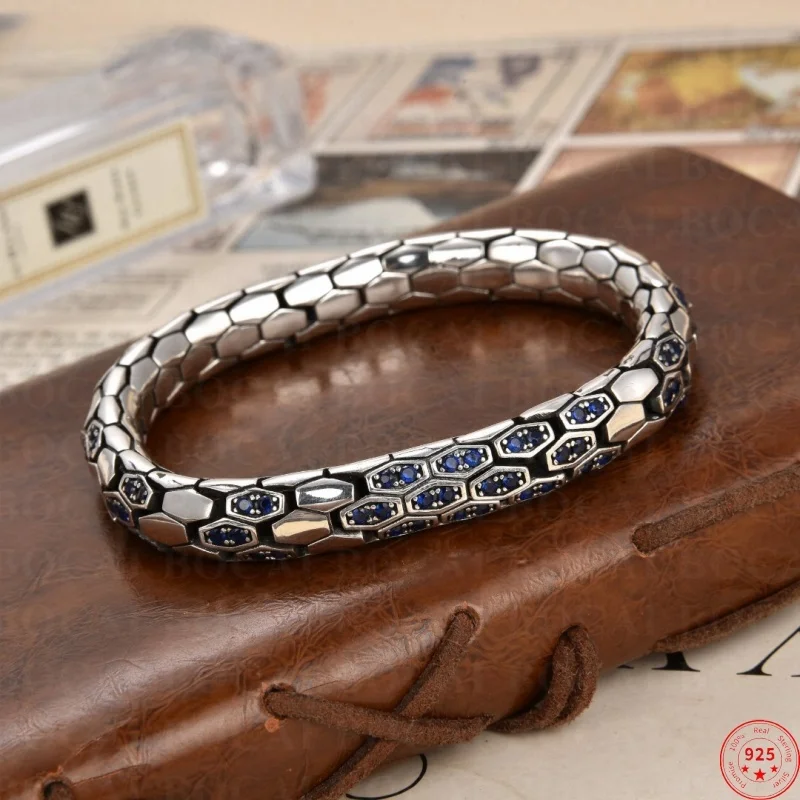 

S925 Sterling Silver Charms Bracelets for Men Women New Fashion Snake Pattern Inlaid Blue Zircon 8mm Bangle