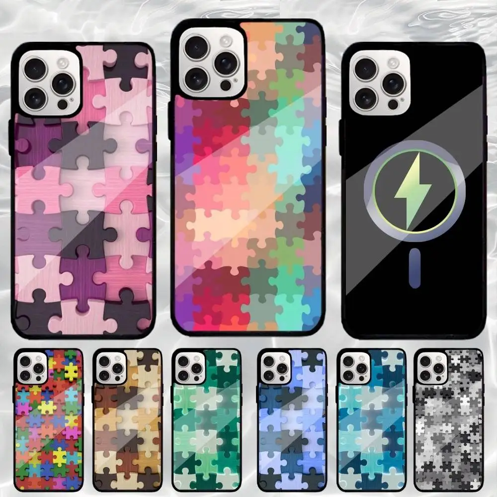

A-Autism Support Puzzle Pattern Phone Case For iPhone17,16,15,14,13,12,11 Plus,Pro Max Magnetic Magsafe Wireless Charging