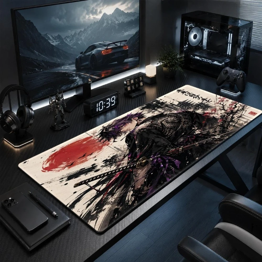 Warrior Art Large Mouse Pad, in Japanese ink style, with cherry blossom sunset theme, soft surface alfombrillas para escritorio