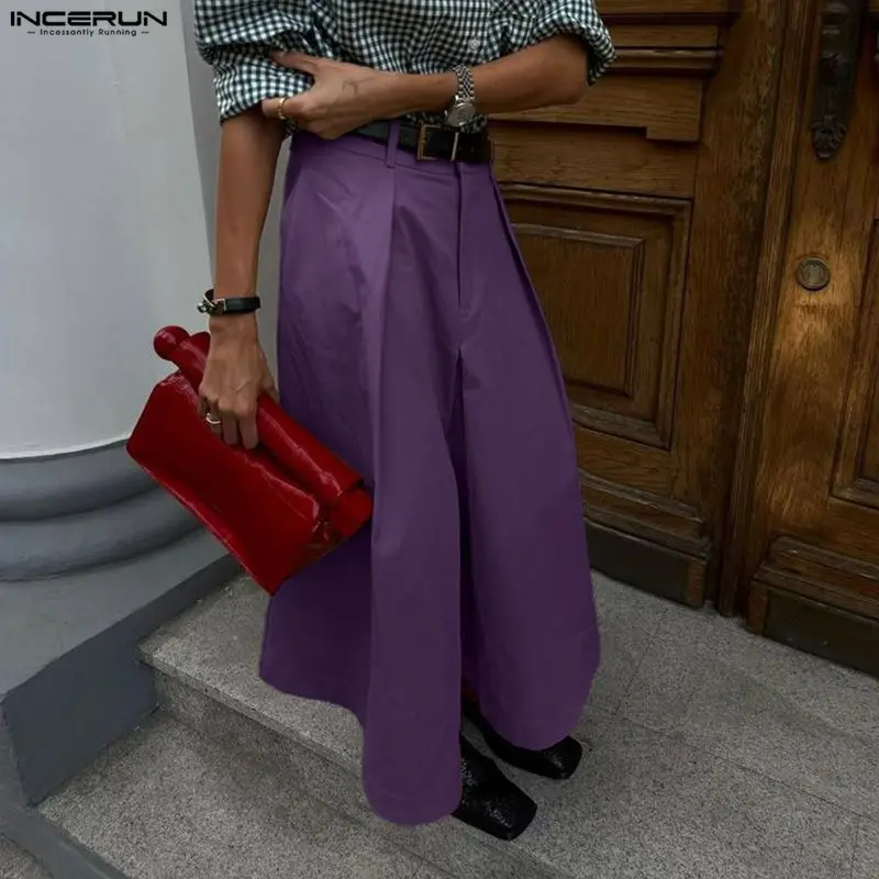 

INCERUN Men Wide Leg Pants Solid Color Button Joggers Loose Trousers Men Streetwear Pleated 2025 Fashion Casual Male Pants S-5XL